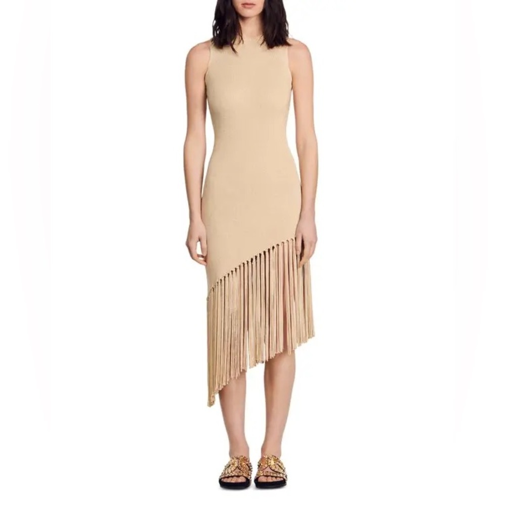 NWOT Sandro Hantas Gold Metallic Asymmetrical Fringe Hem Sleeveless Dress